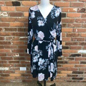 Roz & Ali Black Floral Faux Wrap Belted Dress